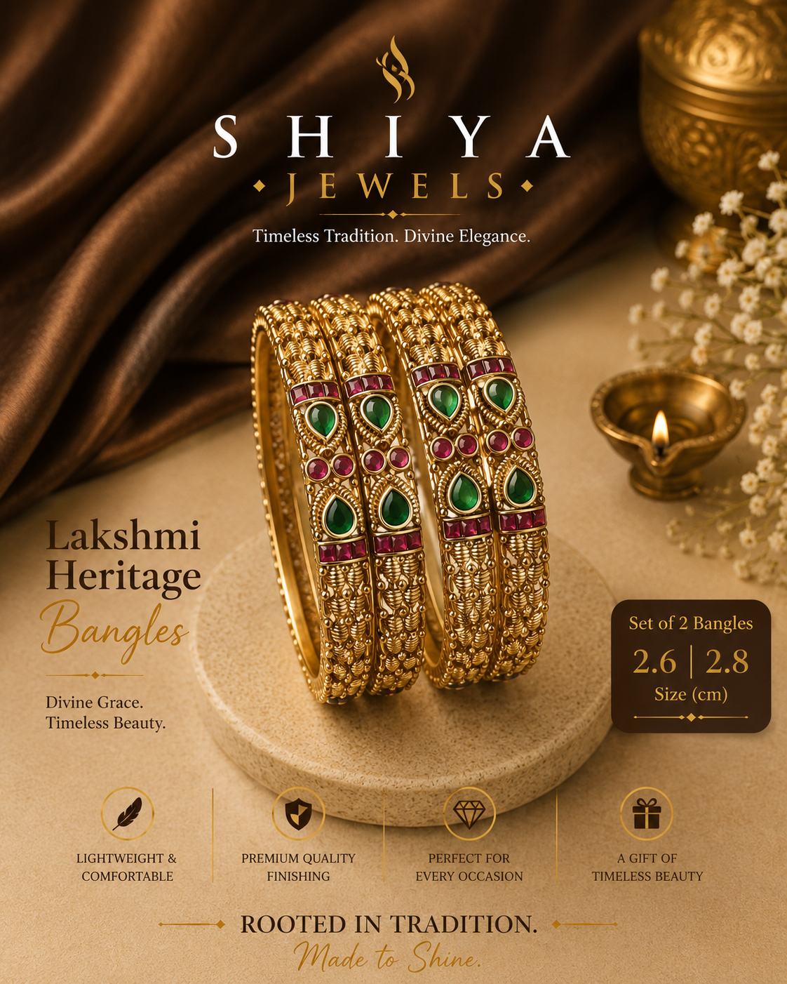Leaf Pattern brass color Set of 4 Bangles
