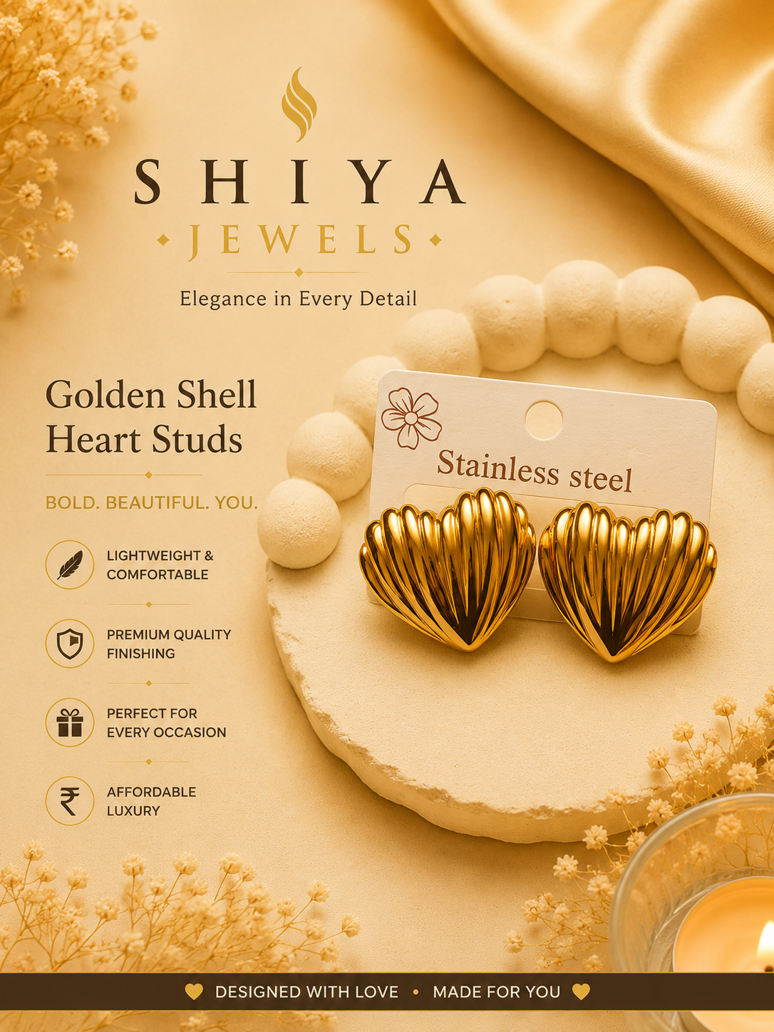 Shell Heart anti tarnish studs