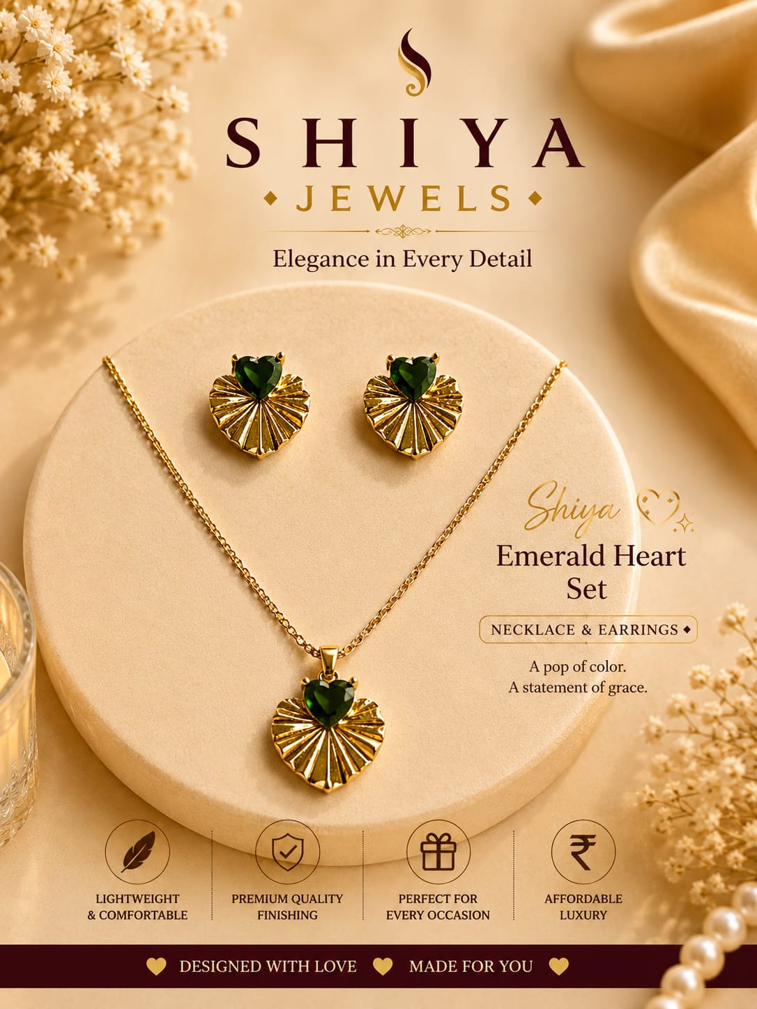 Anti Tarnish Emerald Heart Necklace set
