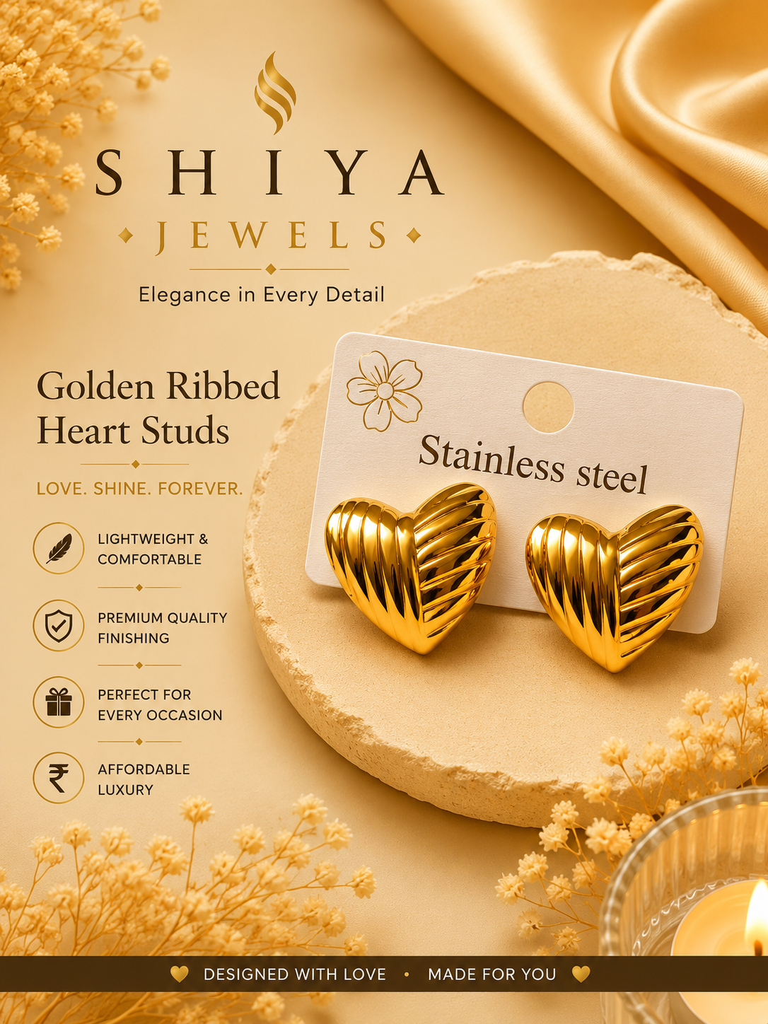 Stripped Heart anti tarnish studs