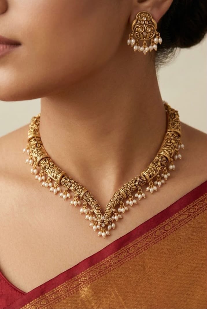 V-Shape Antique Temple Jewellery set