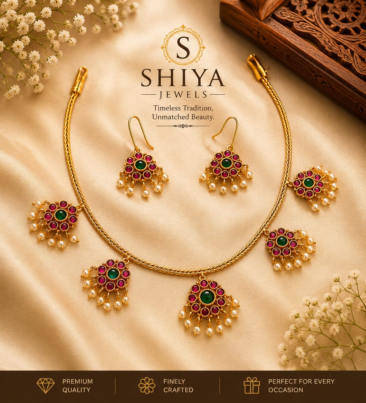 Floral Kemp Temple Jewelry Set By Shiya Jewels