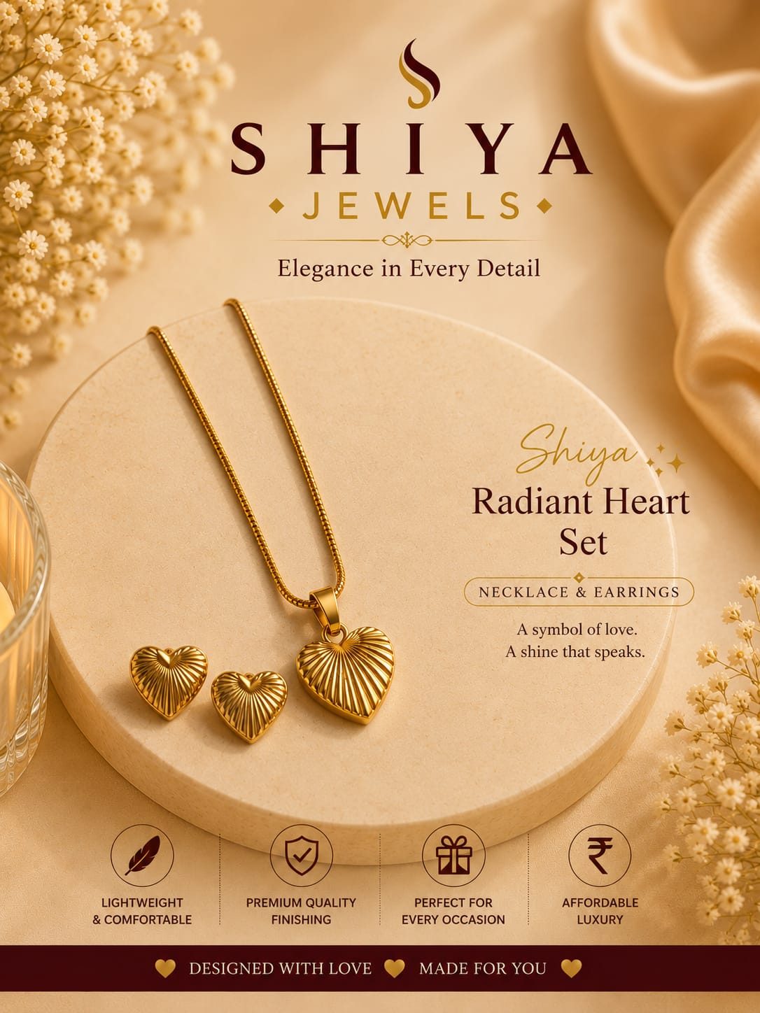 Anti Tarnish Radiant Heart Necklace set