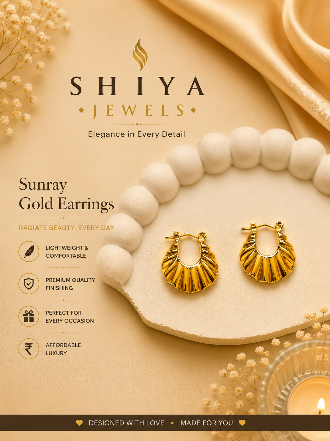 Sunray gold anti tarnish earrings