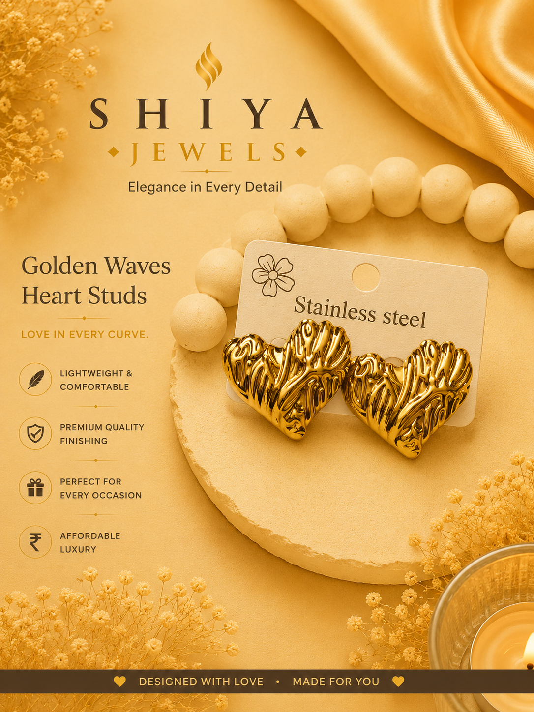 Heart waves anti tarnish studs